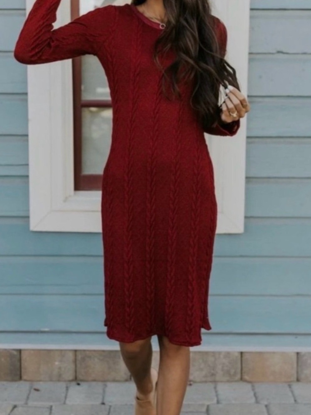 Roolee Red Cable Knit Sweater Dress Midi-Length
